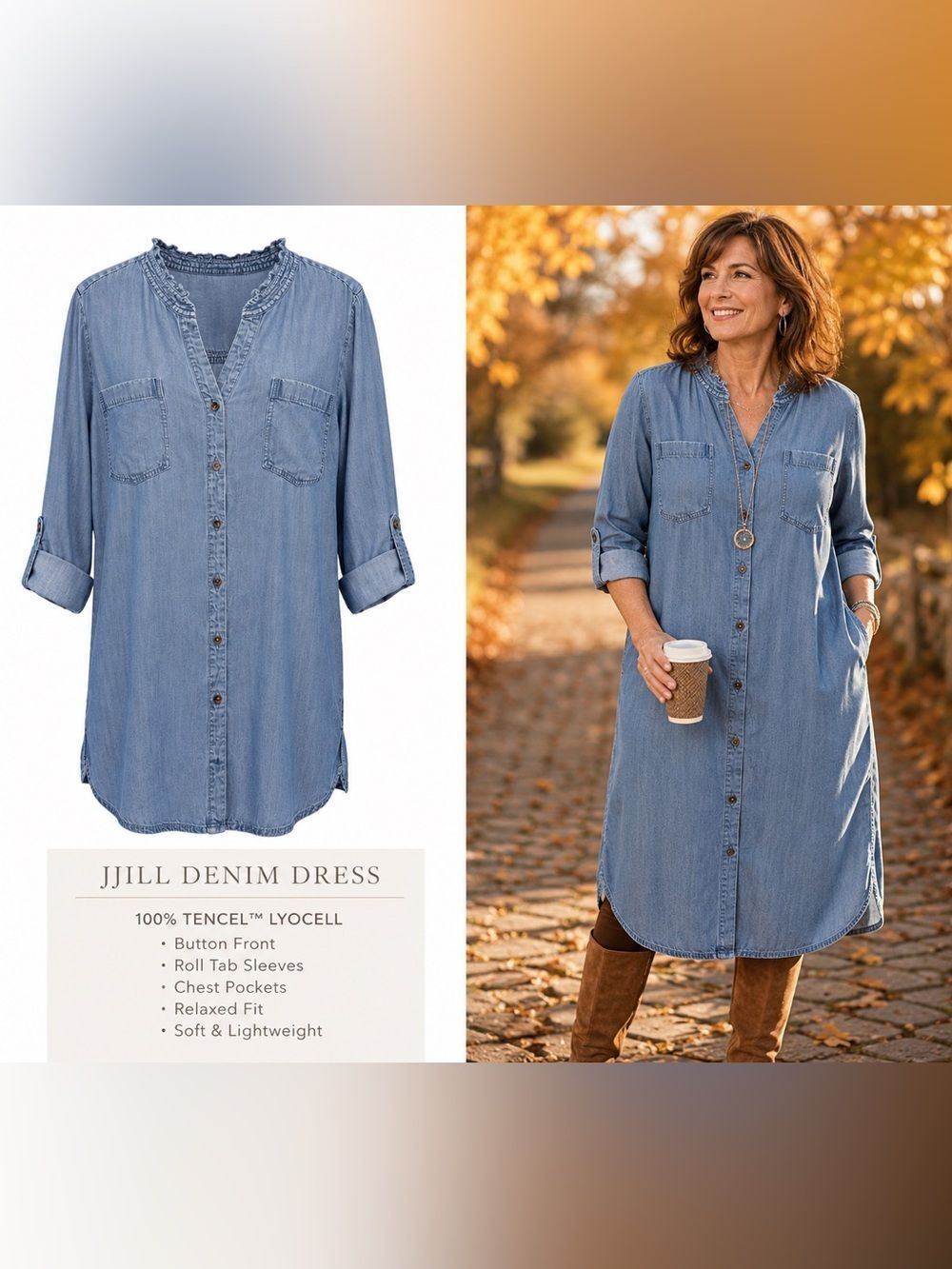 J.Jill Denim Lyocell Button Front Shirt Dress XL Relaxed Chambray Tencel Midi
